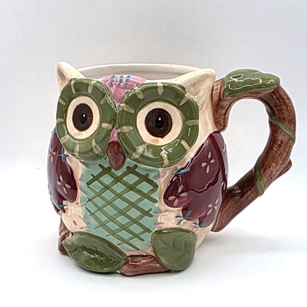 Pier 1 Imports Olli the Owl Coffee Cup Mug Hand Painted Dolomite Unique Lg 24 oz